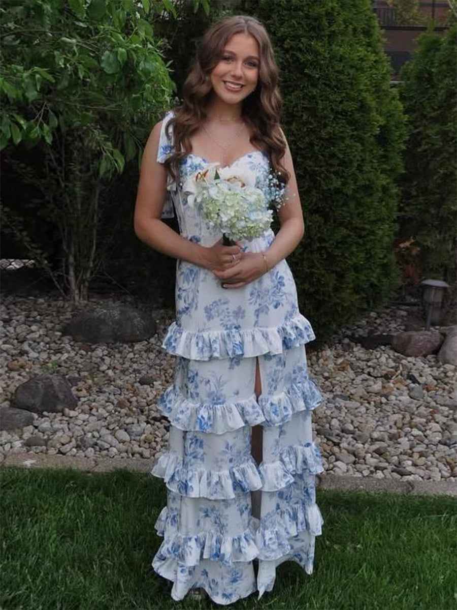 Blue Print A-Line Strapless Tiered Long Prom Dress