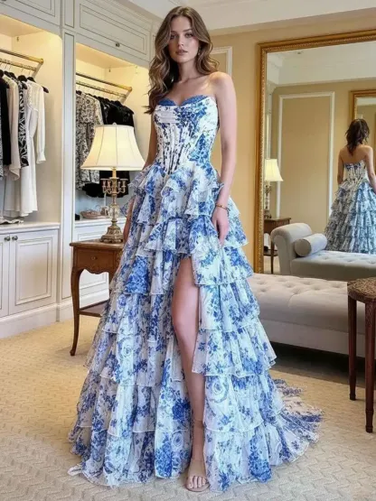 Pink Floral Strapless Chiffon Ruffle Corset Prom Dress with Slit