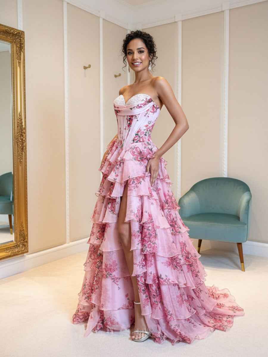 A-Line Strapless Sweetheart Print Tiered Tulle Long Prom Dress with Slit