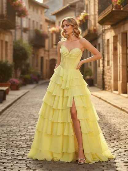 A-Line Sweetheart Cascading Ruffles Chiffon Corset Prom Dress