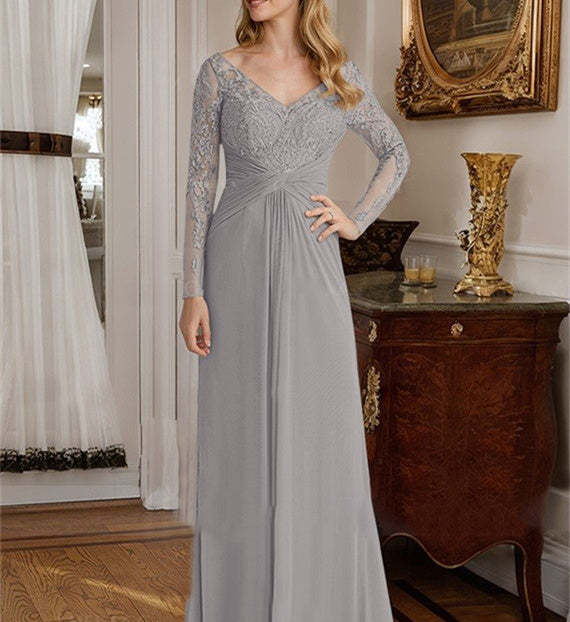 V-Neck Floor-Length A-Line Princess Mother Of The Bride Dress With Lace Ruffle