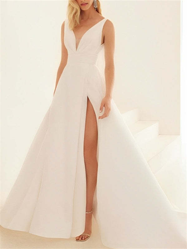 Floor-length V-Neck Princess A-Line Wedding Dress