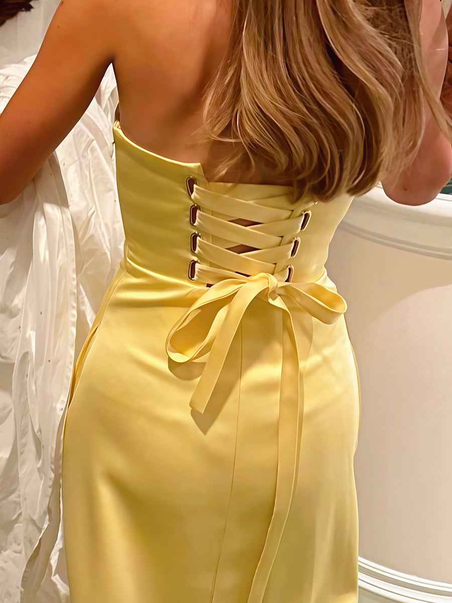 A-Line Yellow Strapless Floor-Length Prom Dress