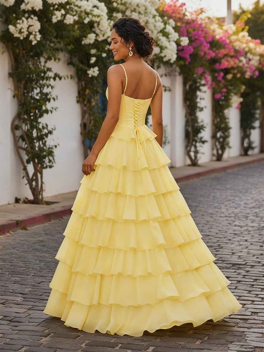 A Line Cowl Neck Chiffon Satin Tiered Ruffle Prom Dress