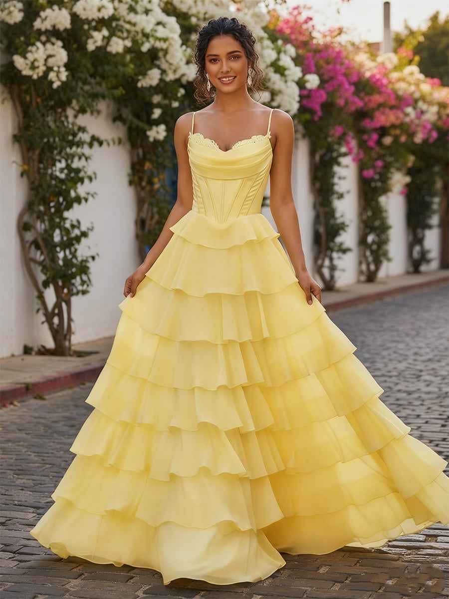 A Line Cowl Neck Chiffon Satin Tiered Ruffle Prom Dress