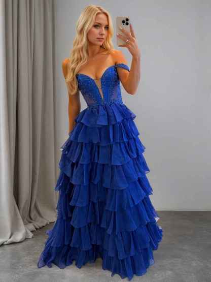 A Line Lace Embroidery Tiered Long Prom Dress with Slit