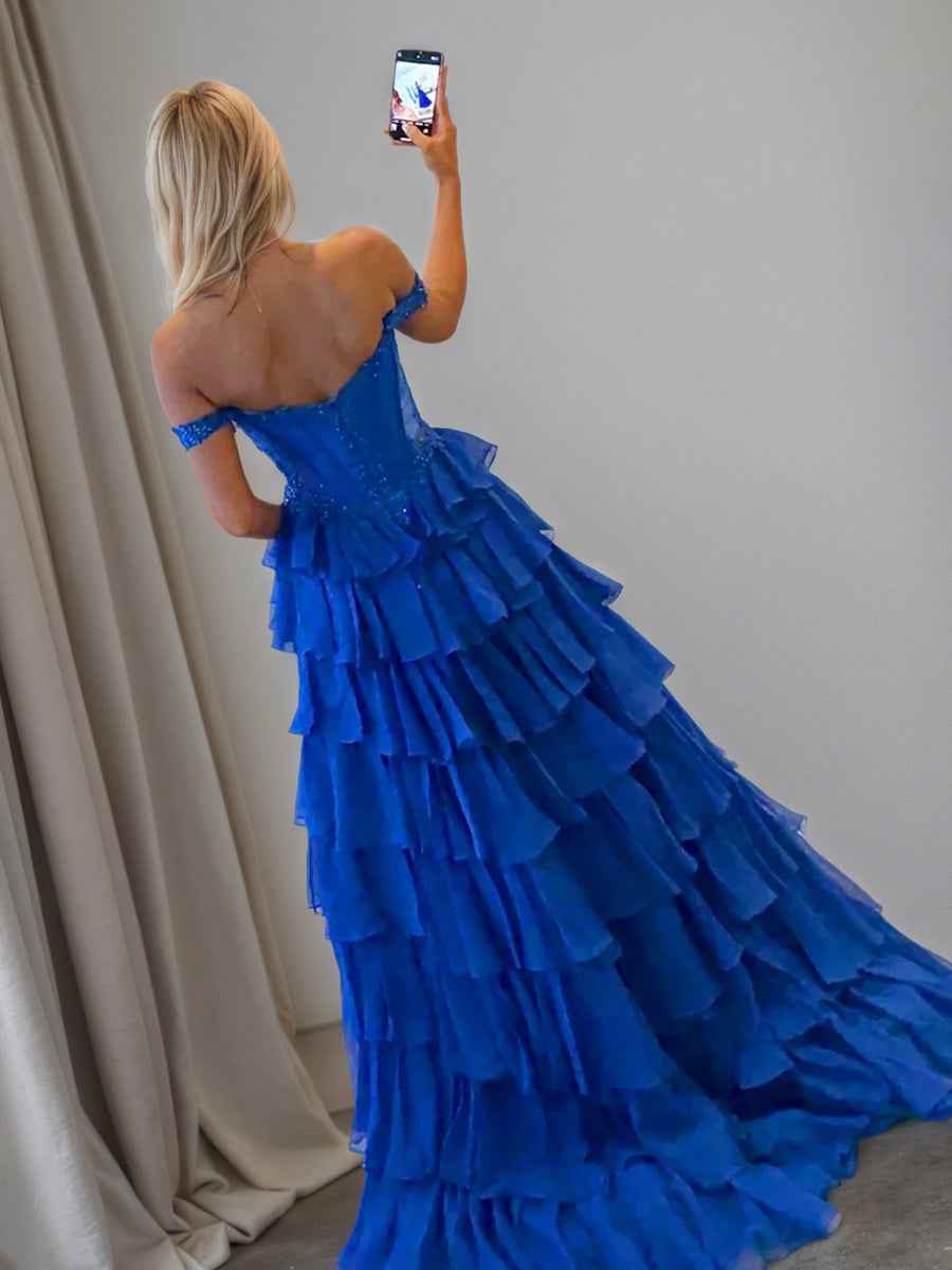 A Line Lace Embroidery Tiered Long Prom Dress with Slit