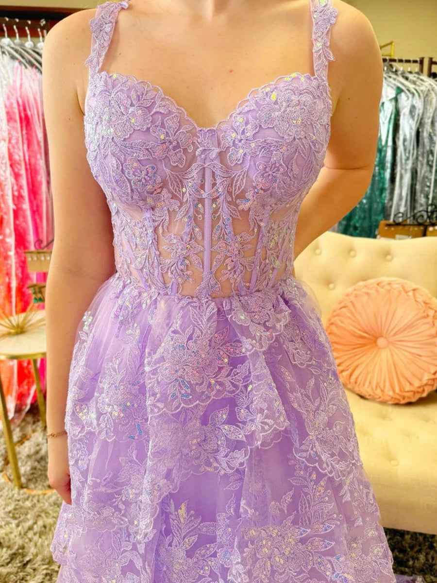 A Line Lilac Tiered Lace Long Prom Dress with Slit