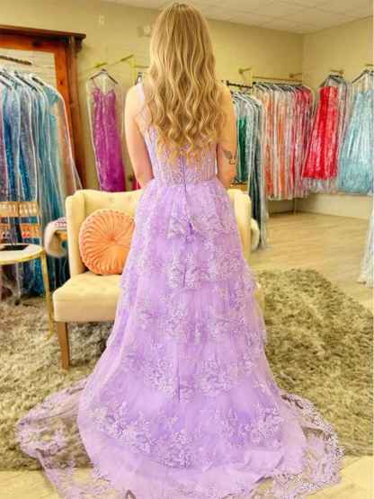 A Line Lilac Tiered Lace Long Prom Dress with Slit