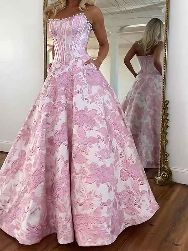 A Line Prom Dresses 3D Floral Strapless Evening Party Dresses with Bead