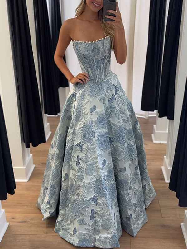 A Line Prom Dresses 3D Floral Strapless Evening Party Dresses with Bead