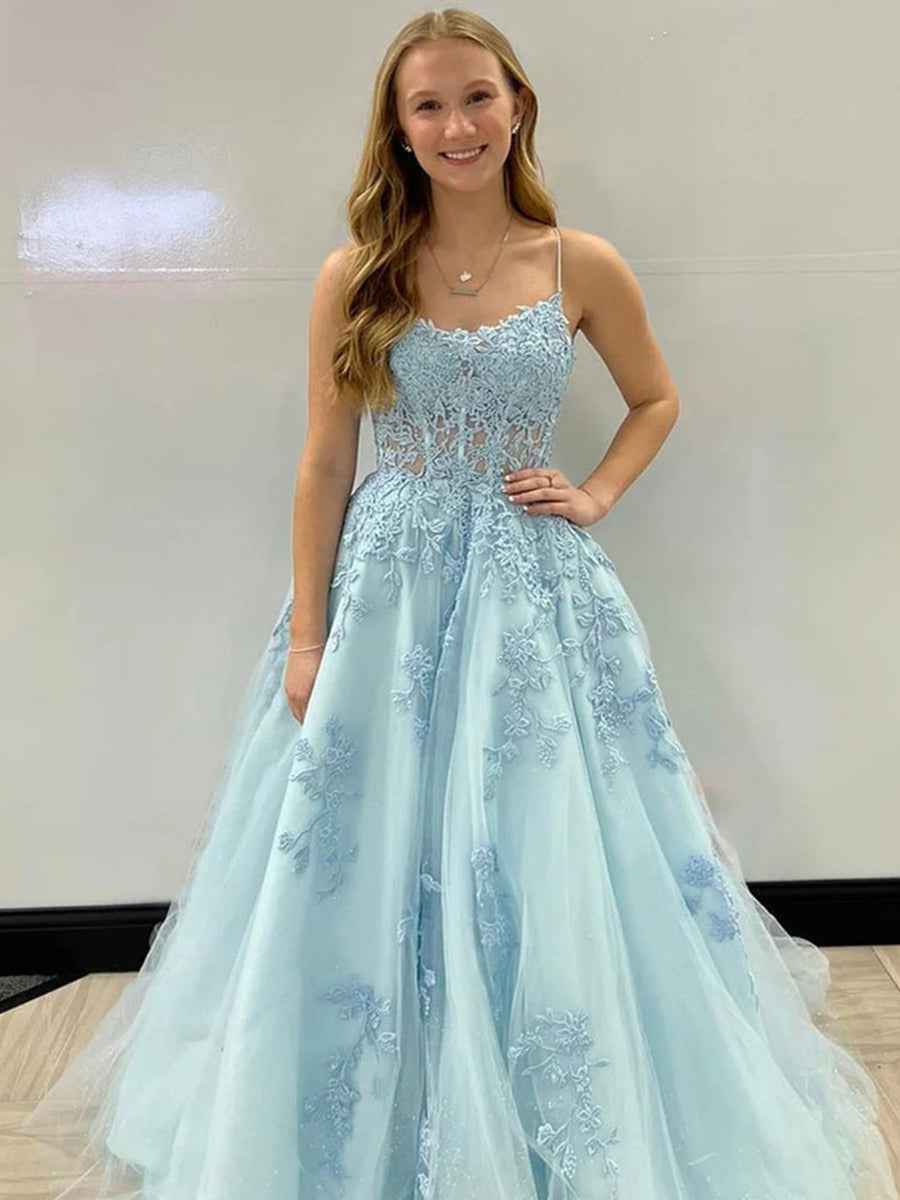 A Line Spaghetti Straps Corset Back Long Prom Dress With Appliques