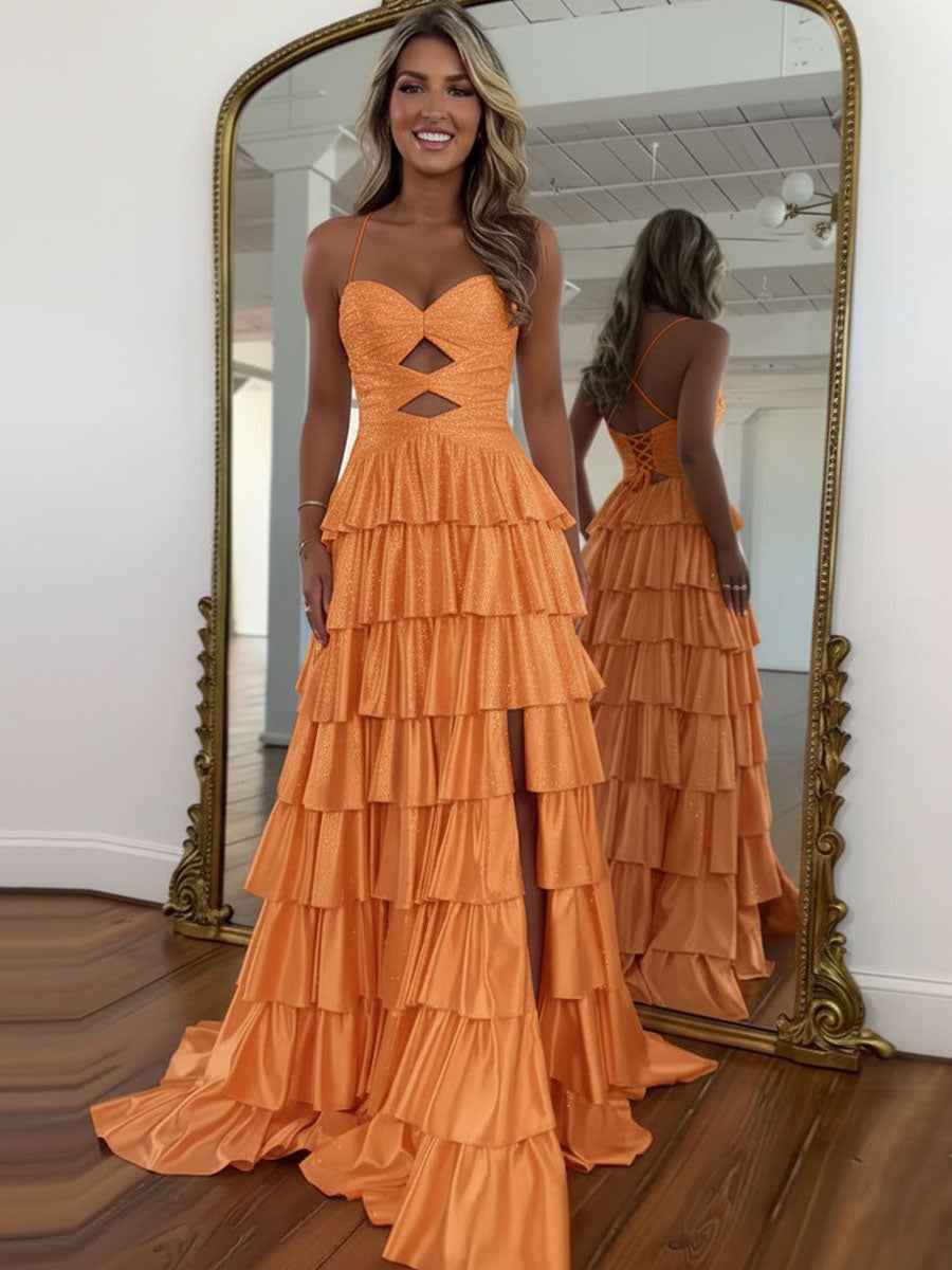 A Line Spaghetti Straps Sweetheart Satin Long Prom Dress with Keyhole