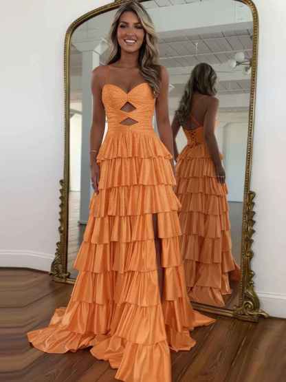 A Line Spaghetti Straps Sweetheart Satin Long Prom Dress with Keyhole