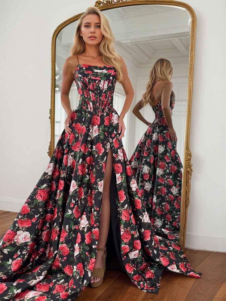 A Line Strapless Floral Satin Prom Dress with Slit