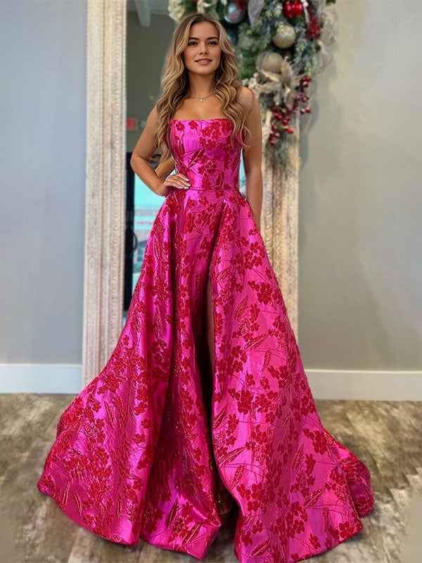 A Line Strapless Jacquard Satin Long Prom Dress with Pockets