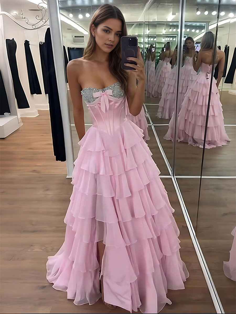 A Line Strapless Sweetheart Tiered Chiffon Long Prom Dress with Beading