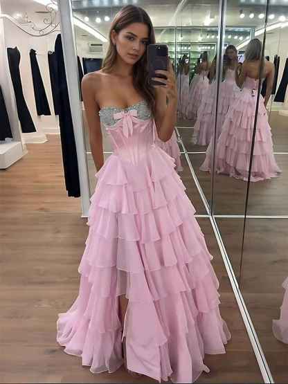 A Line Strapless Sweetheart Tiered Chiffon Long Prom Dress with Beading