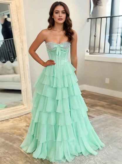 A Line Strapless Sweetheart Tiered Chiffon Long Prom Dress with Beading
