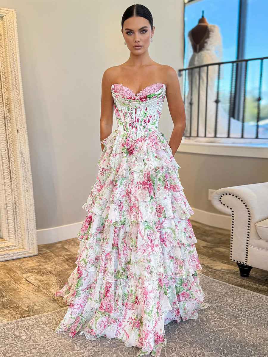 Purple Floral Print Strapless Tiered Ruffles Corset Prom Dress with Slit