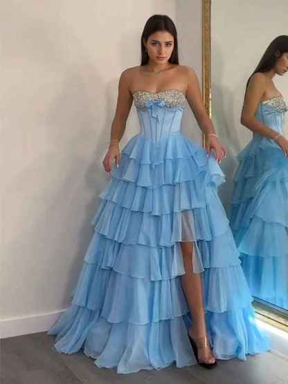 A Line Sweetheart Tiered Chiffon Long Prom Dress with Beading
