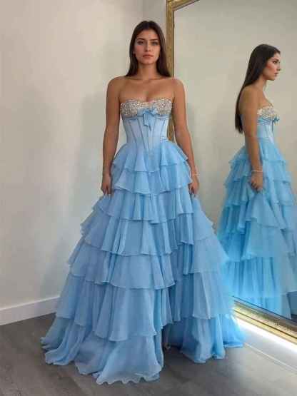 A Line Sweetheart Tiered Chiffon Long Prom Dress with Beading