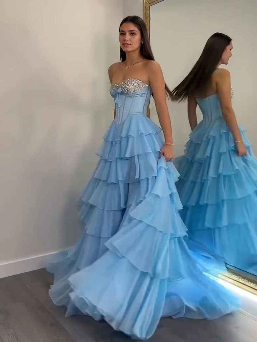 A Line Sweetheart Tiered Chiffon Long Prom Dress with Beading