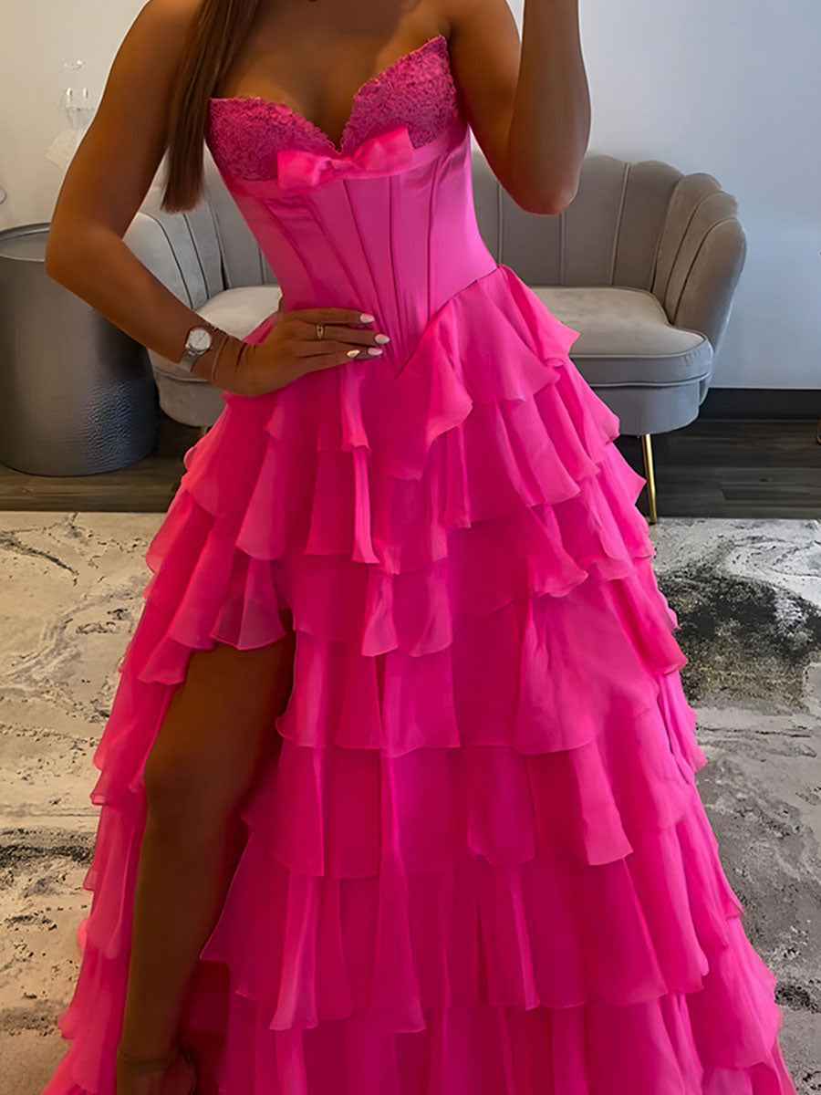 A Line Tiered Strapless Corset Long Prom Dress with Slit
