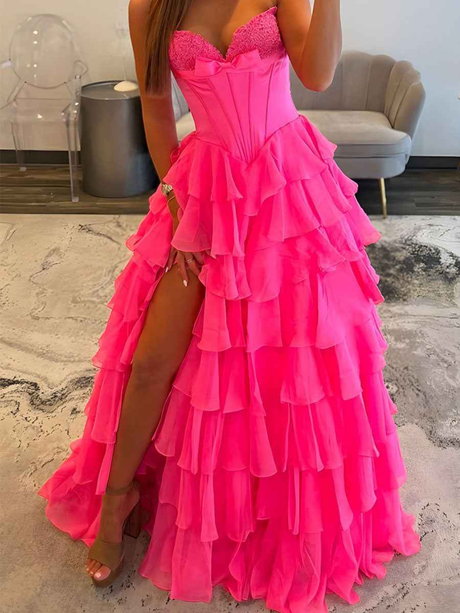 A Line Tiered Strapless Corset Long Prom Dress with Slit