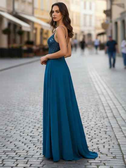 A Line V-Neck Appliques Lace Chiffon Corset Prom Dress with Slit