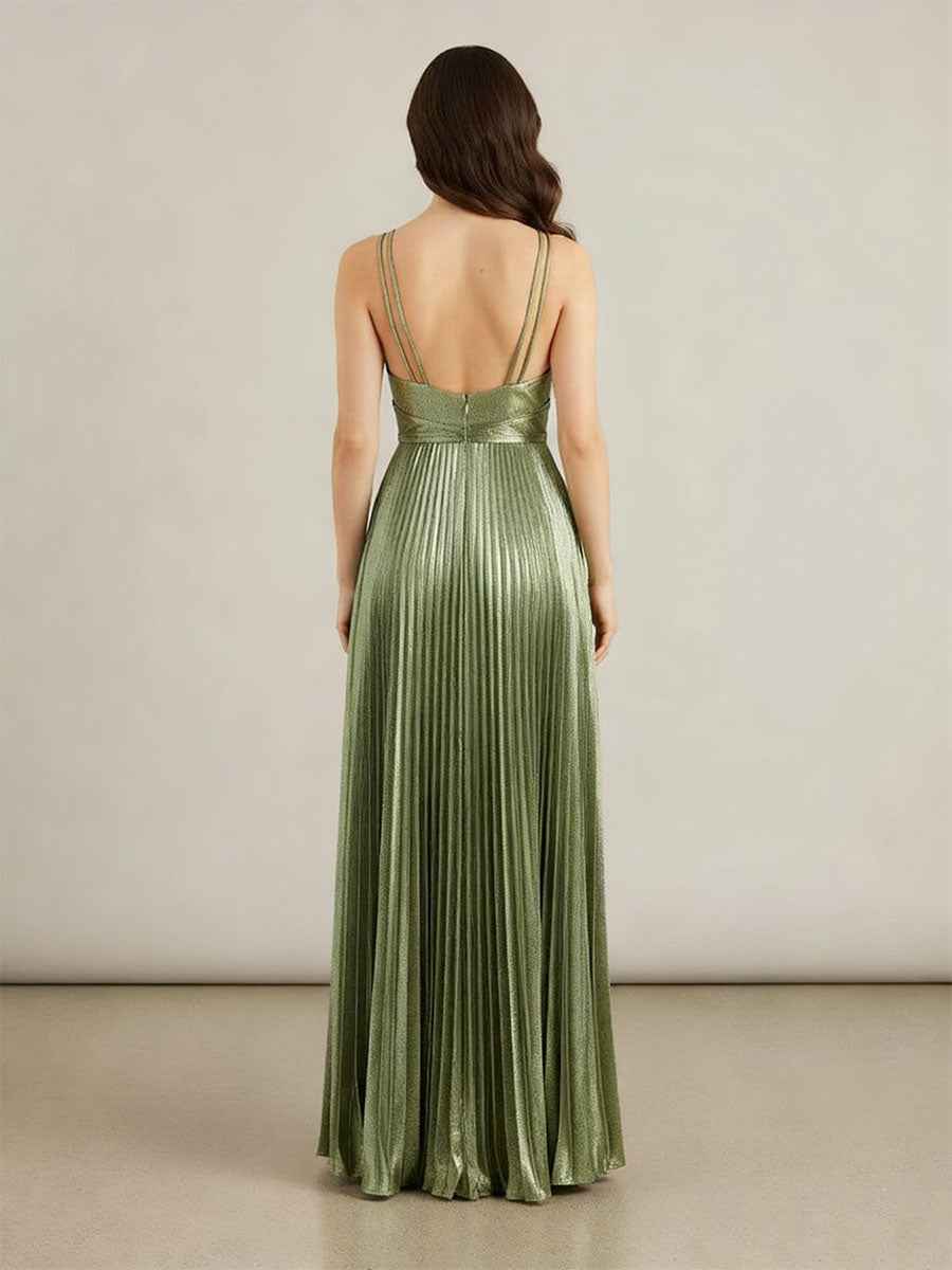 A Line V-Neck Long Prom Dresses with Pleated
