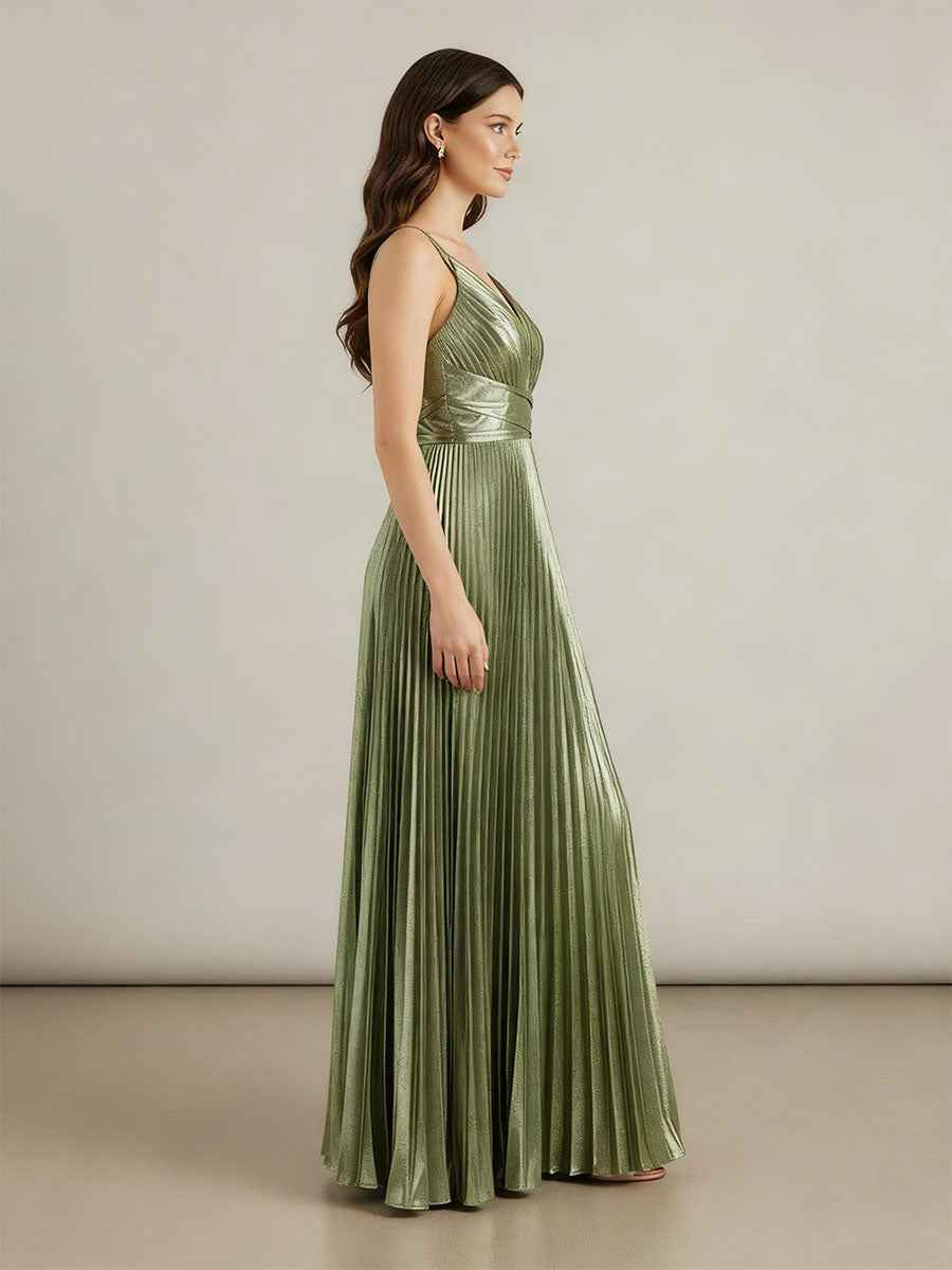 A Line V-Neck Long Prom Dresses with Pleated