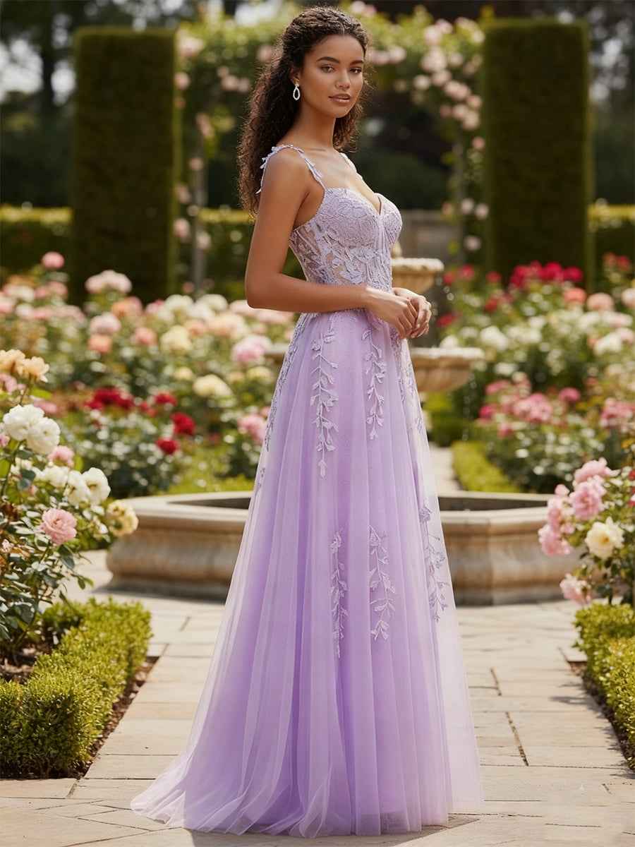 A Line V Neck Tulle Long Prom Dress with Appliqued Beading