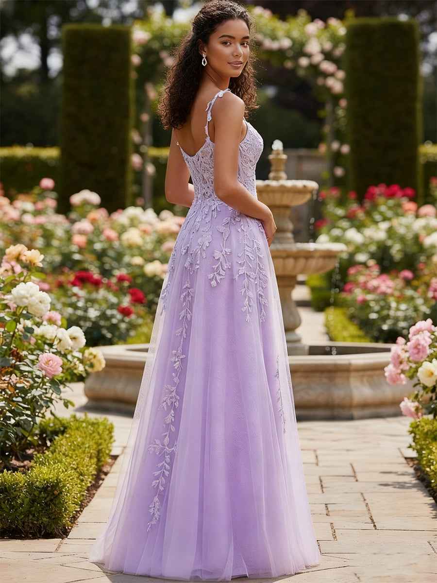 A Line V Neck Tulle Long Prom Dress with Appliqued Beading