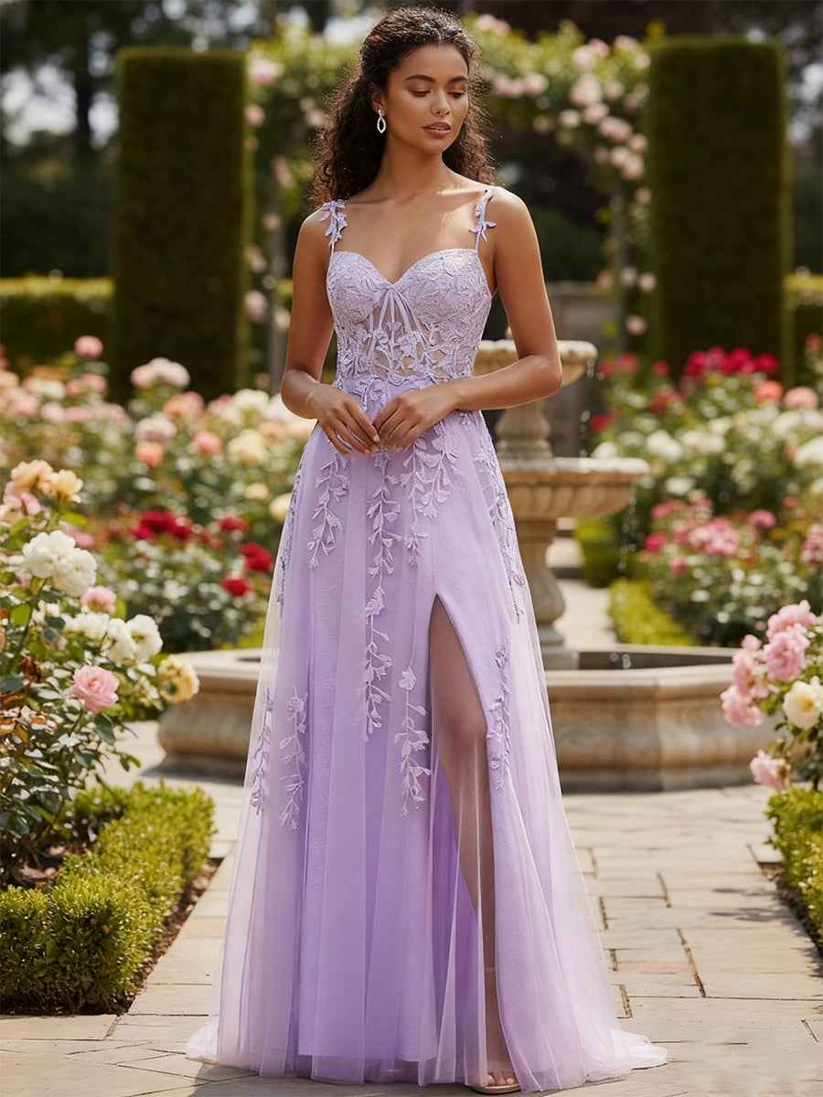 A Line V Neck Tulle Long Prom Dress with Appliqued Beading
