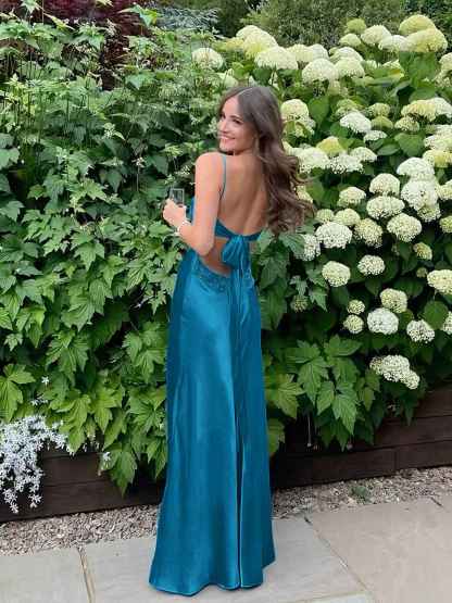 Blue A Line V-neck Beaded Back Tie Long Prom Dress
