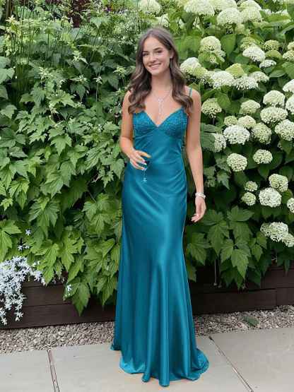 Blue A Line V-neck Beaded Back Tie Long Prom Dress