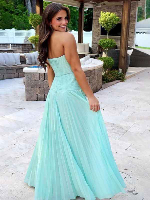 Yellow A Line Strapless Sweetheart Pleated Prom Dress with High Slit