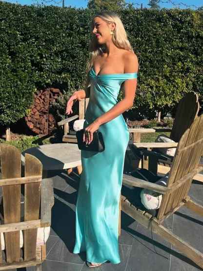 Aqua Mermaid Off The Shoulder Sheath Satin Long Prom Dress