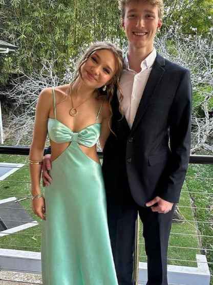 Aqua Sexy Bow Front Cutouts Long Prom Maxi Dress