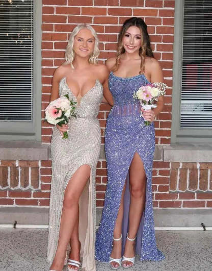 Sparkly Champagne Strapless Sequins Bodycon Long Corset Prom Dress with Beading