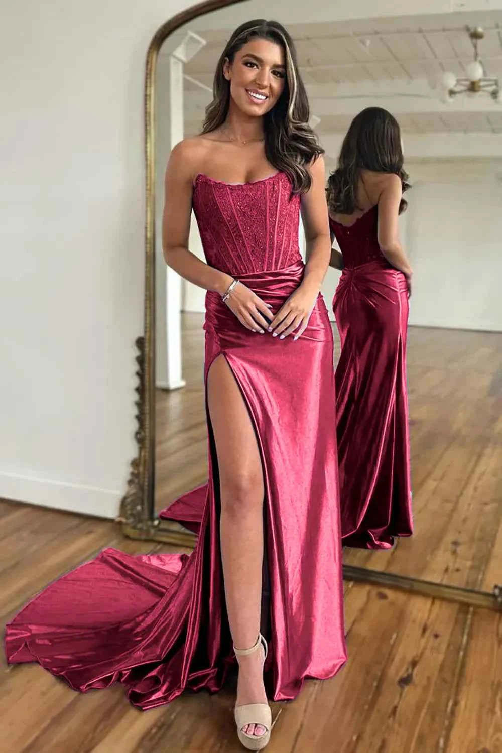 Fuchsia Strapless Corset Mermaid Long Satin Prom Dress with Slit