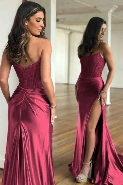 Fuchsia Strapless Corset Mermaid Long Satin Prom Dress with Slit