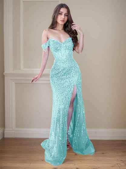 Red Off-the-Shoulder Beaded Tulle Long Prom Dress with Swirling Sequins