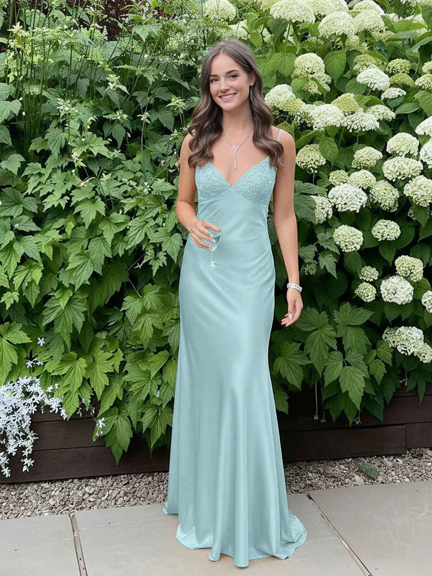 Blue A Line V-neck Beaded Back Tie Long Prom Dress