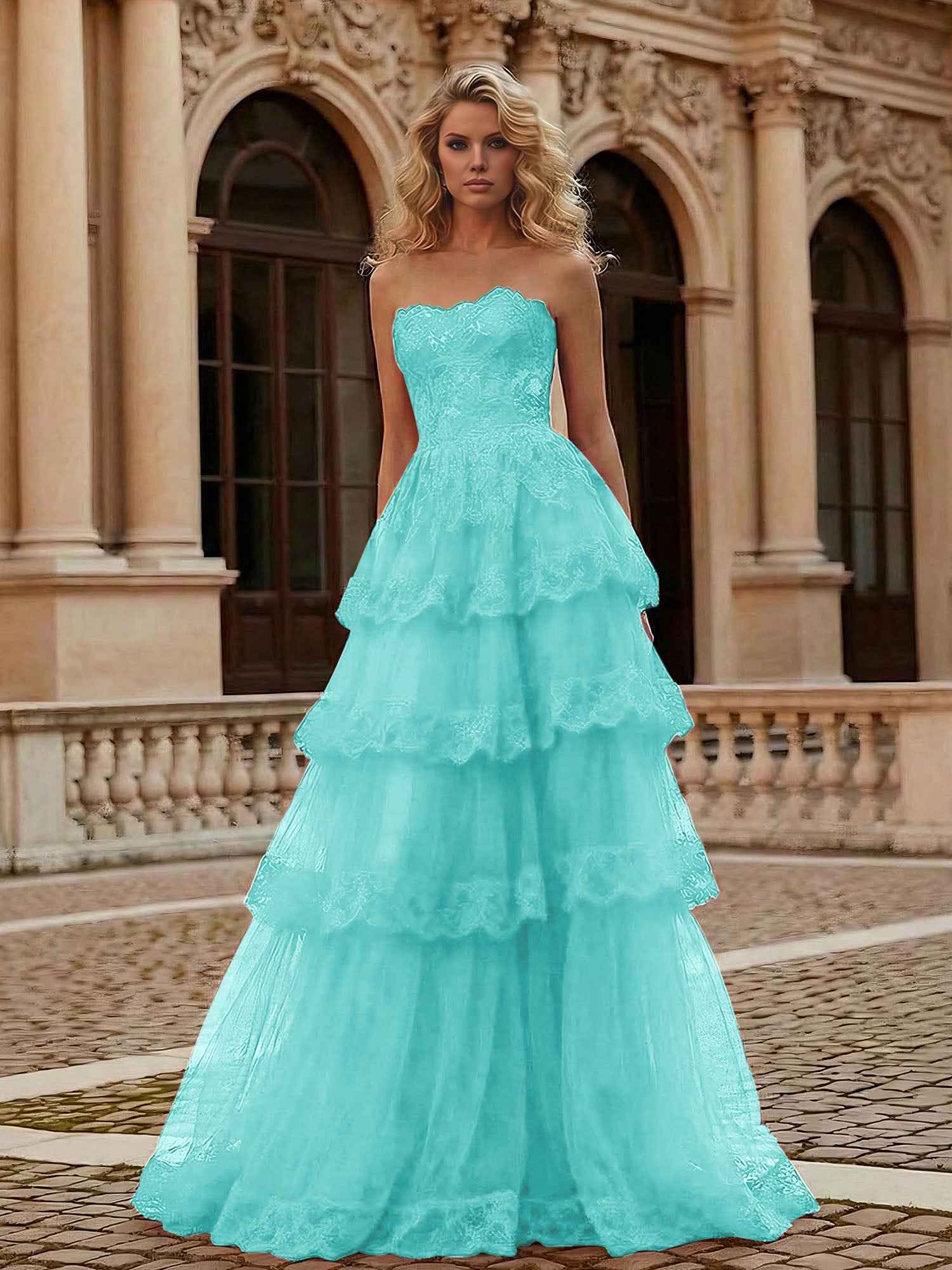 Red Tiered Tulle Strapless Lace Bodice A-Line Long Prom Dress