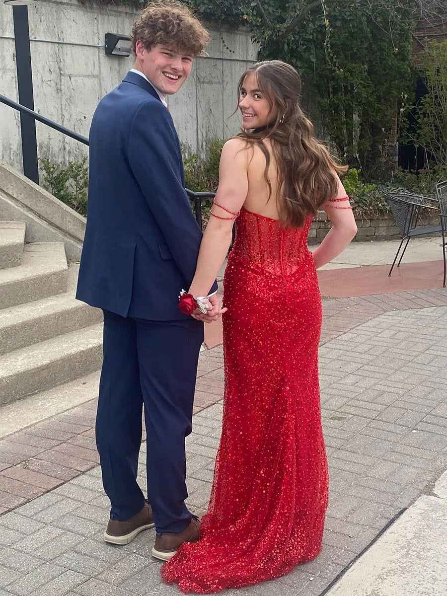 Beaded Straps Sequin Mermaid Long Prom Dress