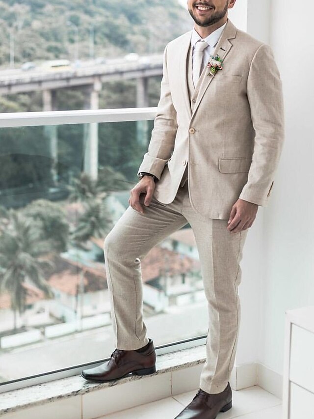 Tailored Fit Men's Linen Suit With Two Buttons - 3 Piece Set
