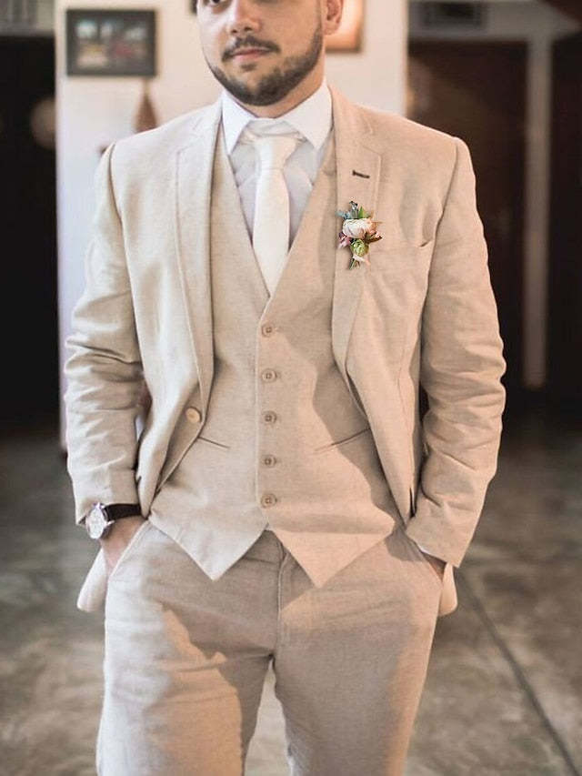Tailored Fit Men's Linen Suit With Two Buttons - 3 Piece Set