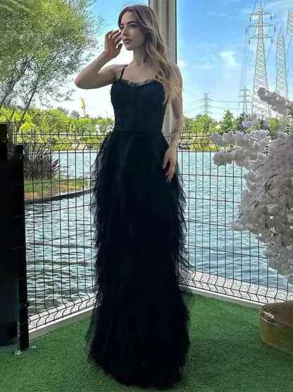 Red Mermaid Spaghetti Straps Tulle Long Prom Dress with Ruffles